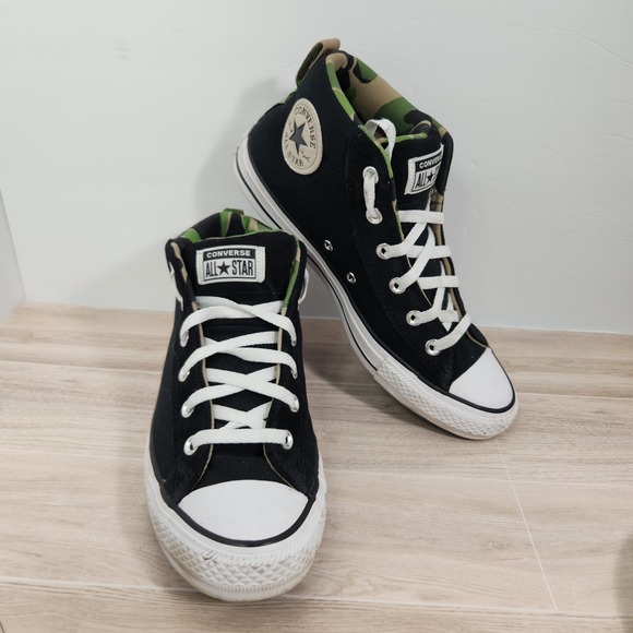 Converse All Star ‎ Chuck Taylor Men's Size 8.5 Black W/Camo And Leather Trim - Picture 1 of 13